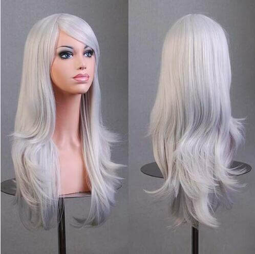 Long silver anime cosplay wig, featuring sleek, straight strands, ideal for cosplay enthusiasts in Europe and America.