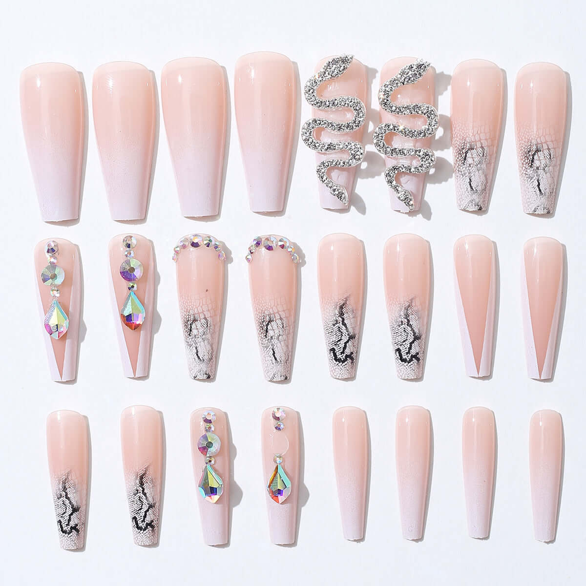 Simple French fragment false nails set featuring cool silver snake and rhinestone designs, perfect for stylish ladies.
