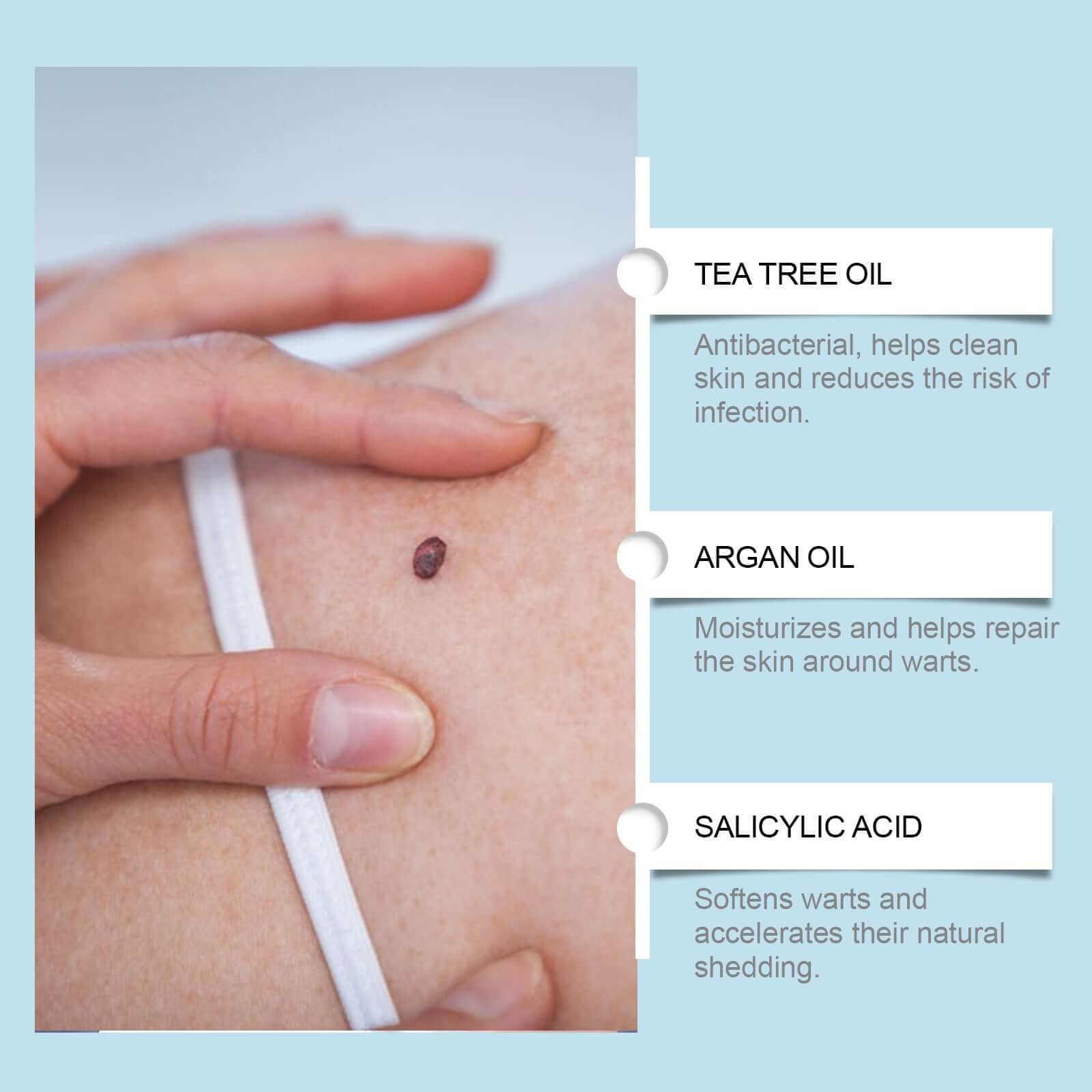 Close-up of hand applying skin care with informational labels on tea tree oil, argan oil, and salicylic acid benefits.