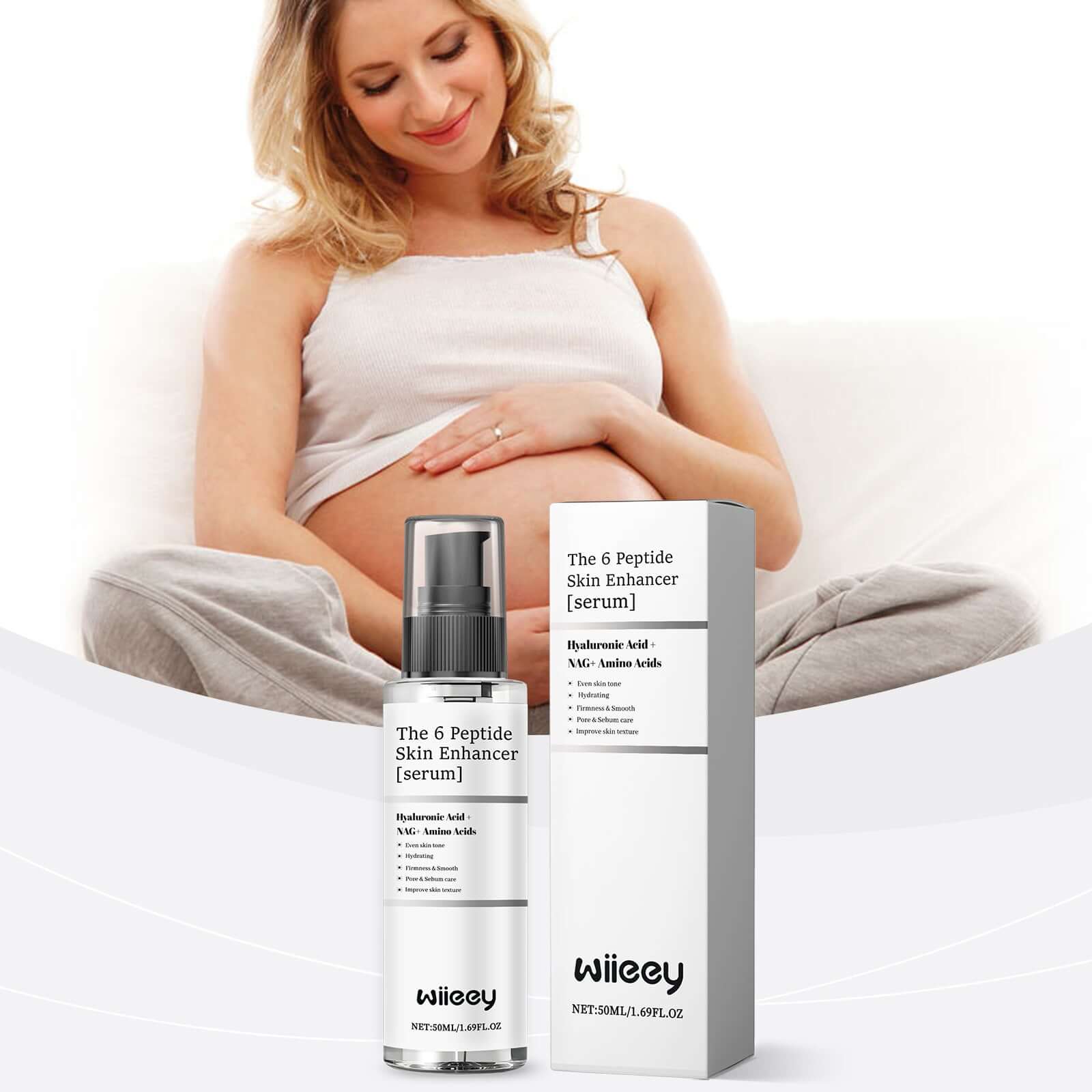 Woman applying 6 Peptide Skin Enhancer serum for improved skin texture and hydration.