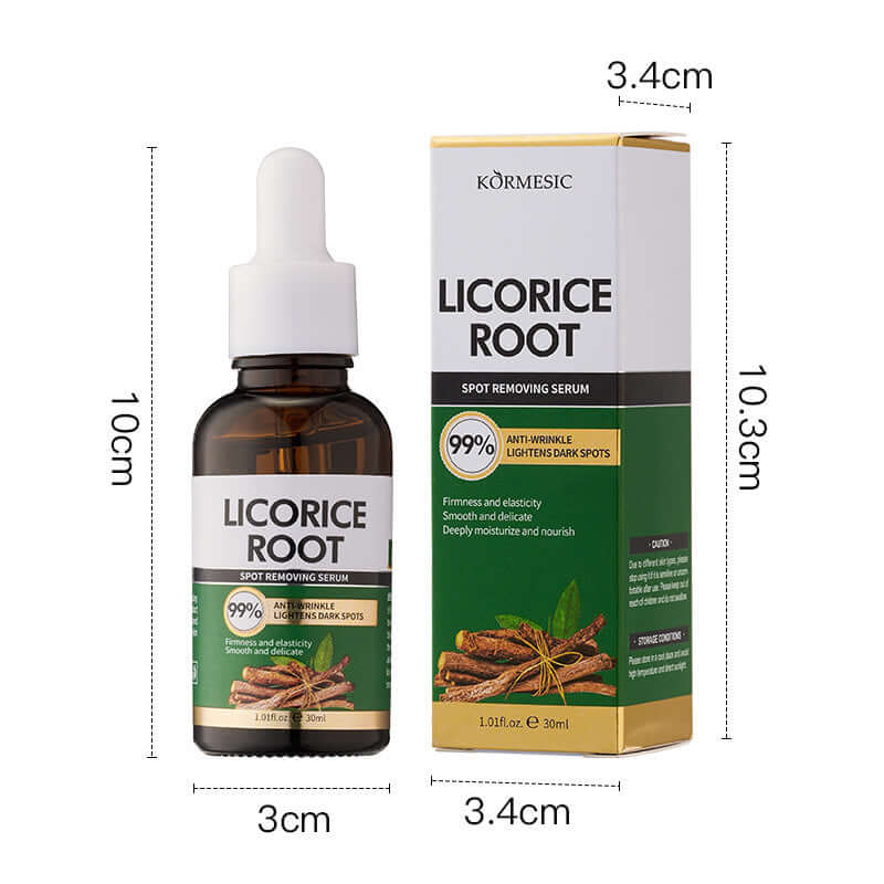Licorice Root spot removing serum in a brown dropper bottle with green and white labeling, promoting anti-wrinkle and dark spot reduction.