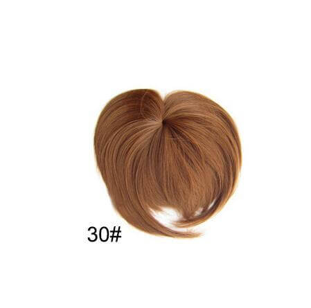 Synthetic fake bangs hairpiece in a rich brown color, easy to apply and portable, measuring 22cm.