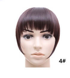 Straight synthetic fake bangs hairpiece displayed on a mannequin head, showcasing a modern bob hairstyle.