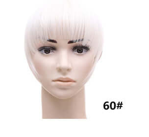Synthetic hair bangs on a mannequin head, showcasing a straight texture in color 60# and length of 22cm.