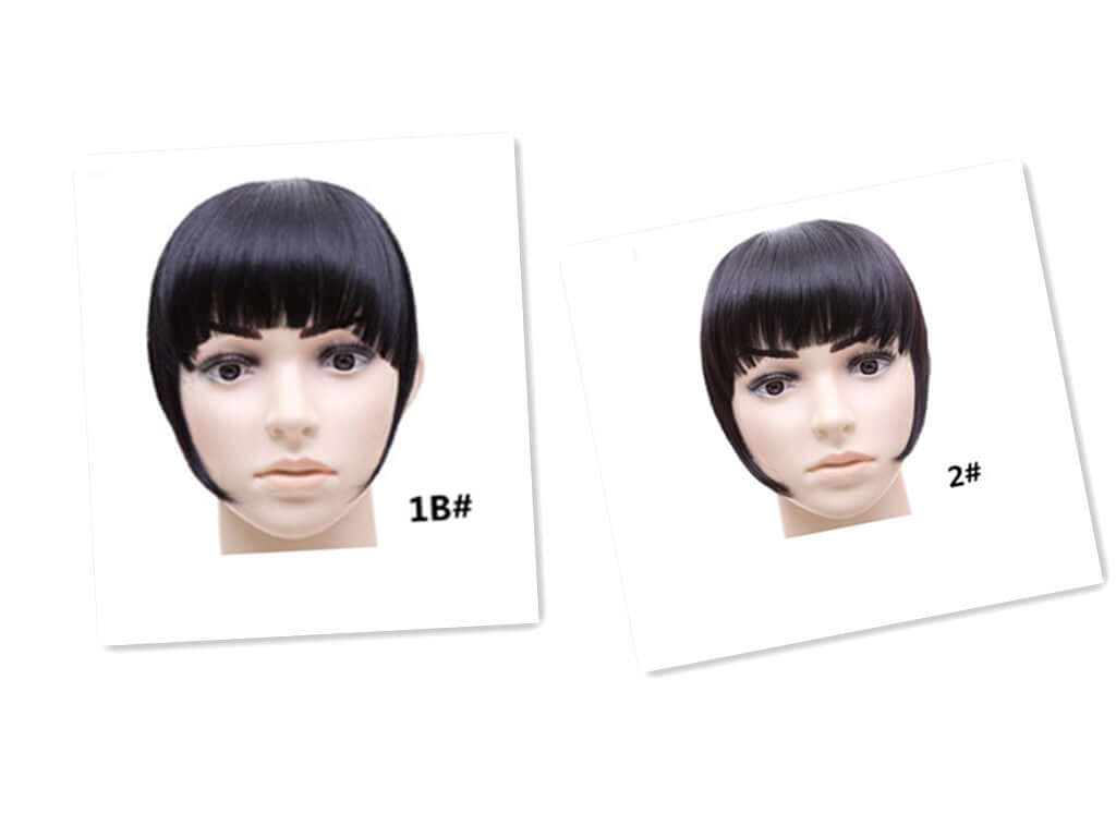 Synthetic hair bangs hairpiece displayed on mannequin in two styles, showing straight texture and portable design.