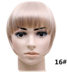 Synthetic fake bangs hairpiece on a mannequin, showcasing a straight texture and 22cm length in color 16#.