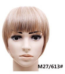 Synthetic hair bangs hairpiece shown on a mannequin with a straight texture in color M27/613. Easy to apply and style.