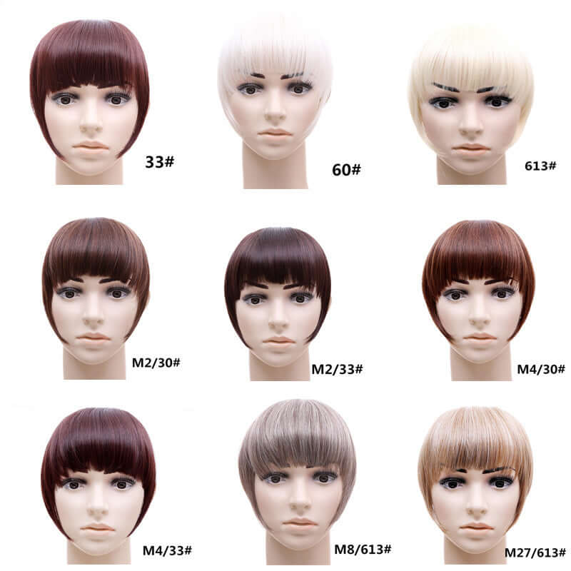 Various synthetic hair bangs hairpieces displayed on mannequins, showcasing multiple colors and styles, including straight texture.
