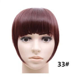 Synthetic fake bangs hairpiece in dark brown, straight texture, model showing 22cm length for easy application.