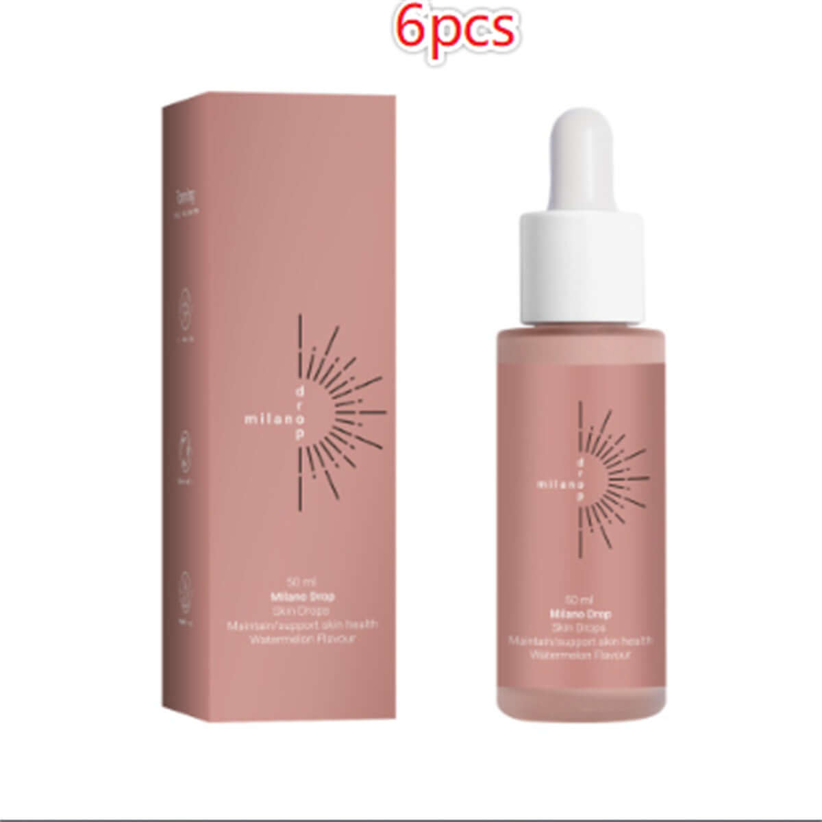 Tanning face serum drops in pink packaging, 50ml, for fine line repair and self-tanning use, watermelon flavor.