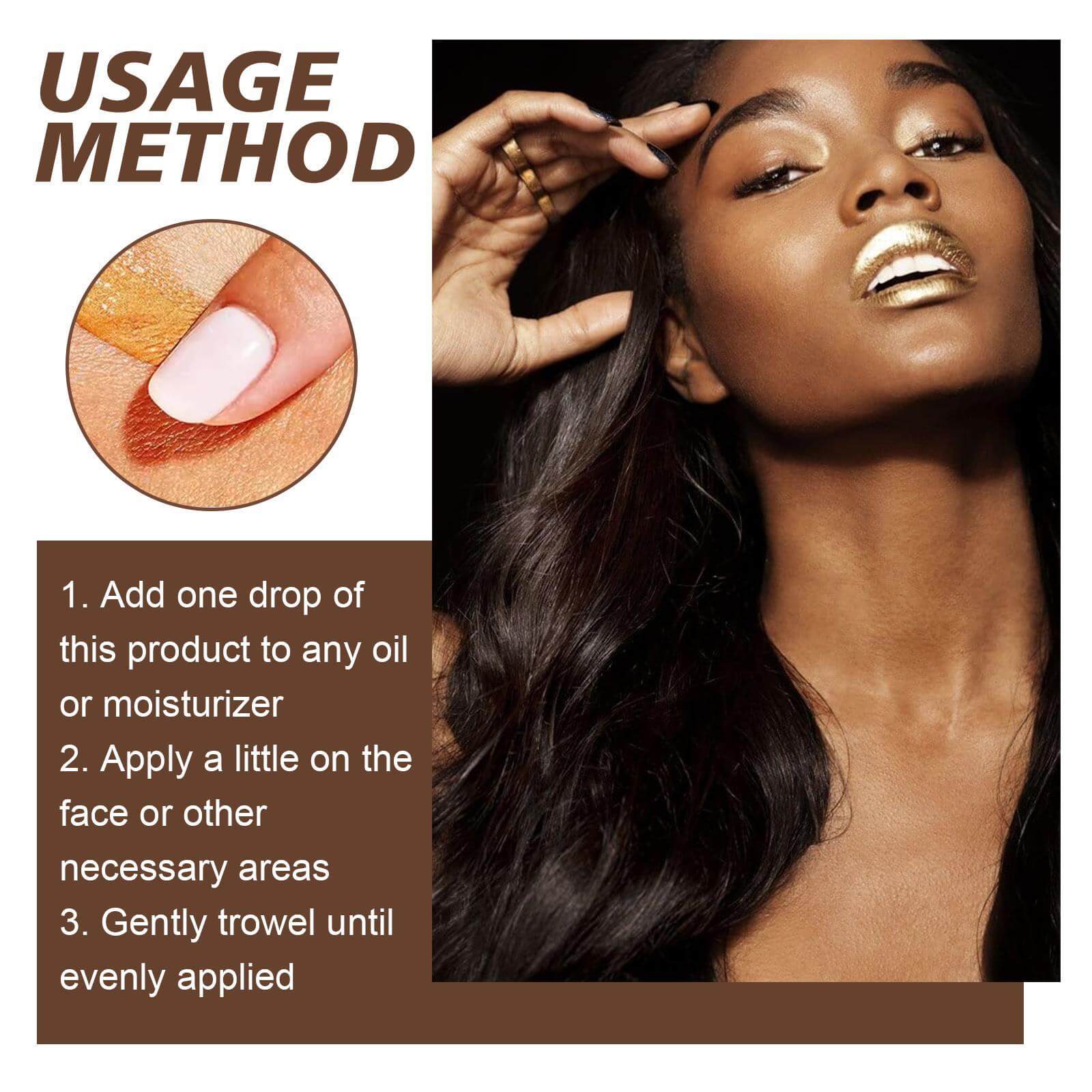 Usage method for tanning skin care cream showing application steps and skin results.