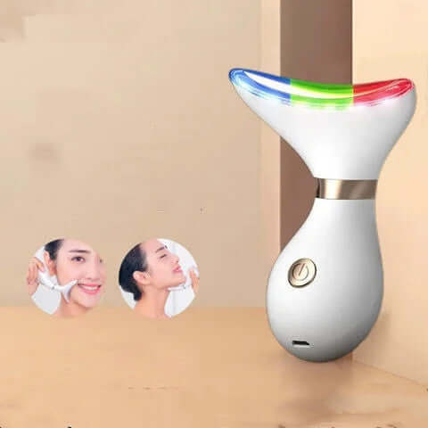 Tightening beauty instrument for neck wrinkles removal, featuring red, green, and blue light modes for skin rejuvenation.