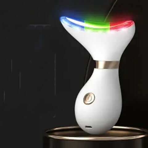 Tightening beauty instrument with blue, green, and red light modes for wrinkle removal and skin rejuvenation.