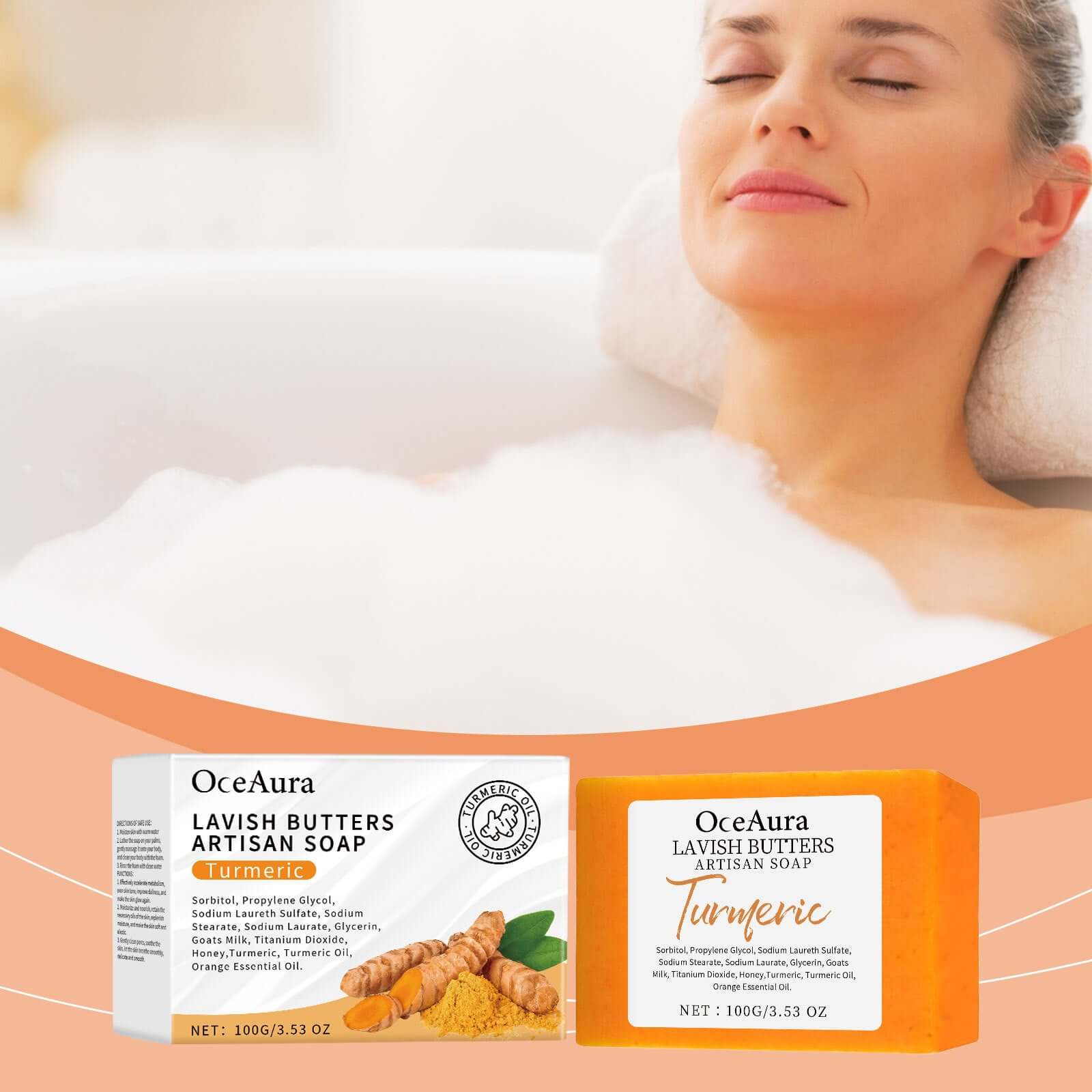 Woman enjoying a bath with OceAura Turmeric Skin Care Soap for moisturizing benefits.