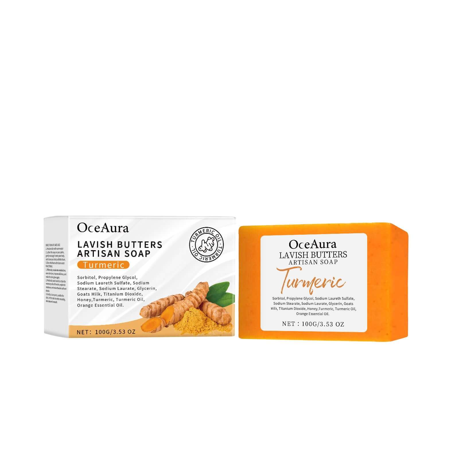 OceAura Turmeric Skin Care Soap with ginger and honey, 100g bar for moisturizing body skin.