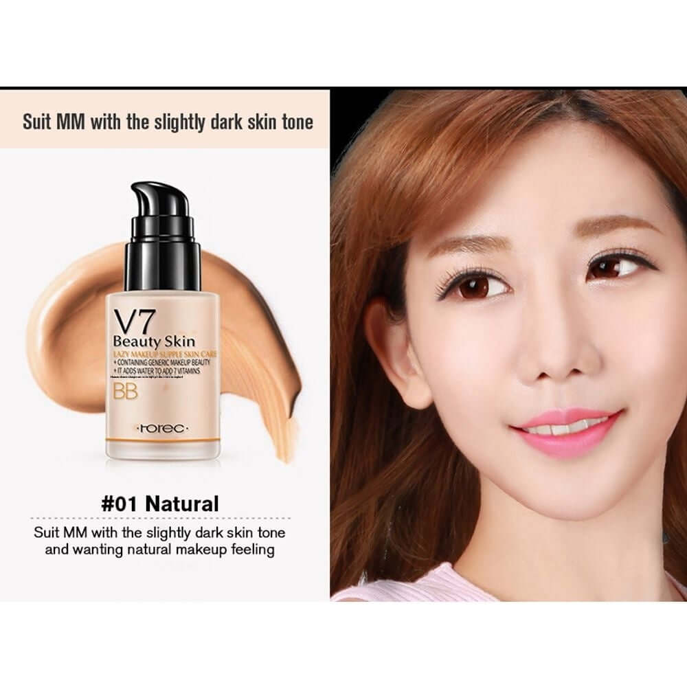 V7 Beauty Skin BB cream for slightly dark skin tones, promoting a natural makeup look with moisturizing benefits.