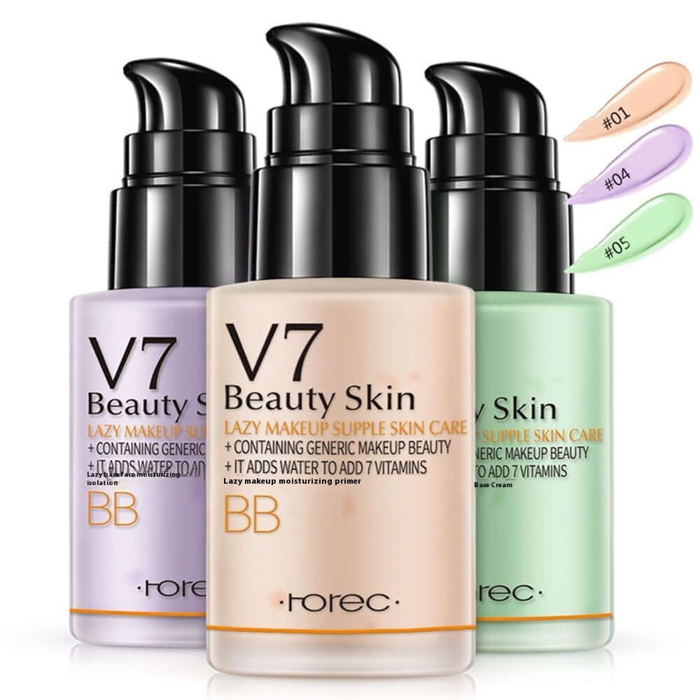V7 Beauty Skin BB cream foundation in three colors: natural, soft purple, and fresh green for all skin types.