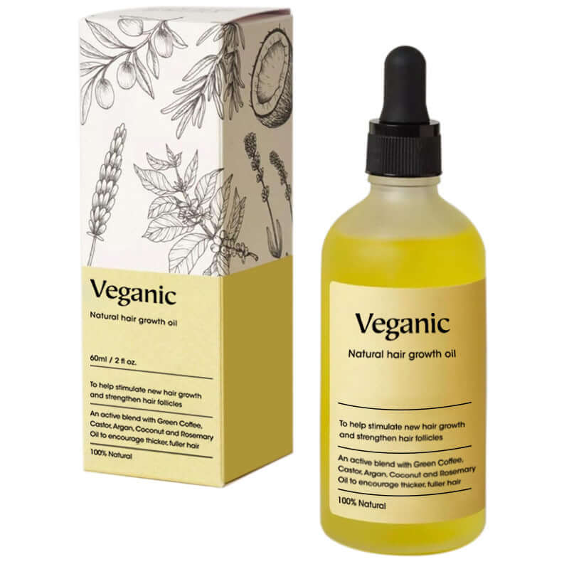 Veganic natural hair growth oil in a 60ml bottle, designed to strengthen hair follicles and promote growth.