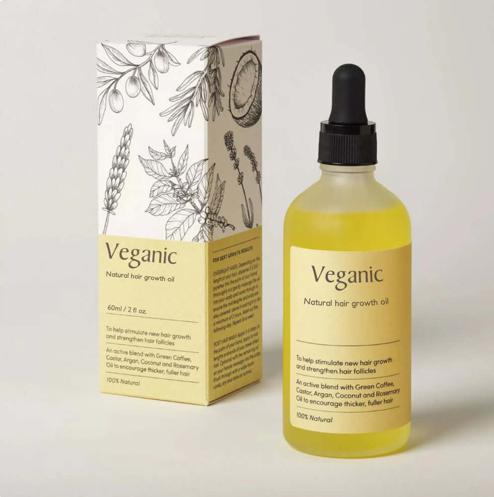 60ml Veganic natural hair growth oil bottle with custom packaging, promoting healthy hair.