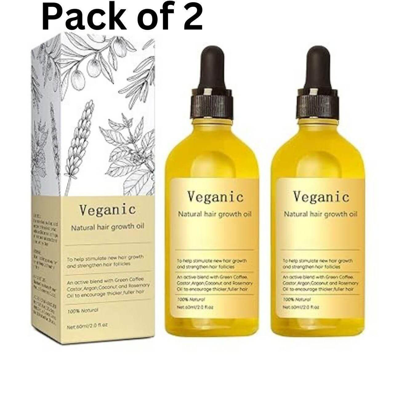 Veganic natural hair growth oil in a pack of 2, designed to strengthen and rejuvenate hair follicles.