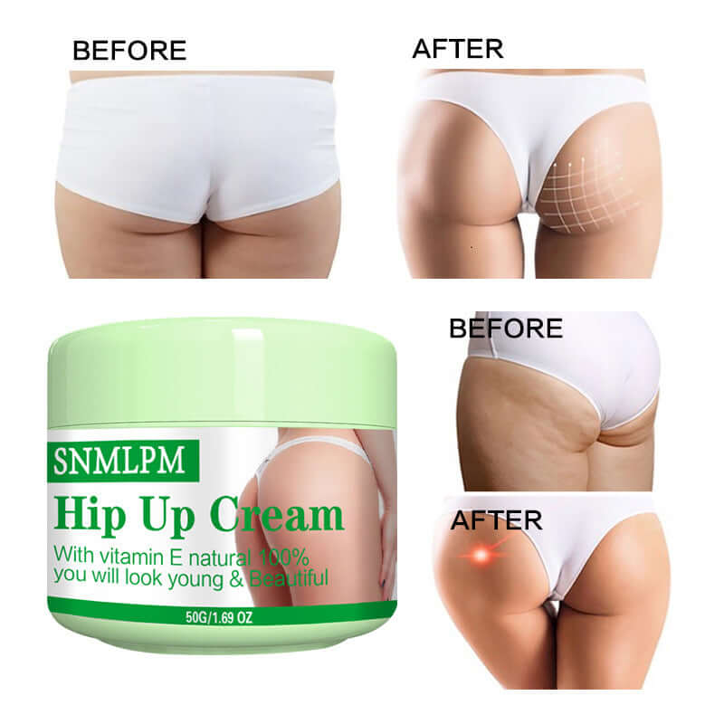 Before and after results of SNMLPM Hip Up Cream showcasing improved skin appearance and firmness in the buttocks.