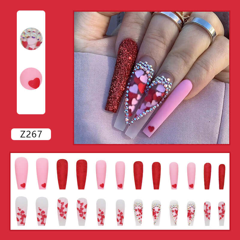 Colorful nail designs showcasing heart patterns with red and pink hues, featuring long-lasting detachable nail polish.