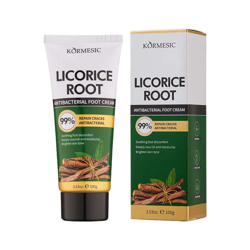 Licorice Root Antibacterial Foot Cream, 100g tube with packaging, soothes and repairs cracked skin for healthy feet.