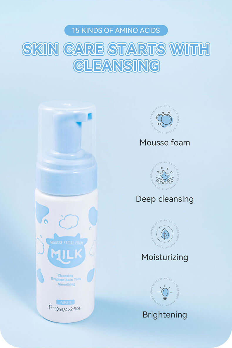 120ml mousse foam skin care product with amino acids for deep cleansing, moisturizing, and brightening.
