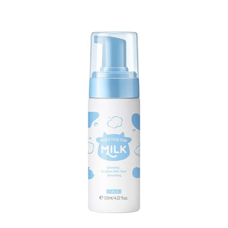 120ml Milk Facial Foam Cleanser for brightening skin tone and smoothing, in a pump bottle with blue accents.