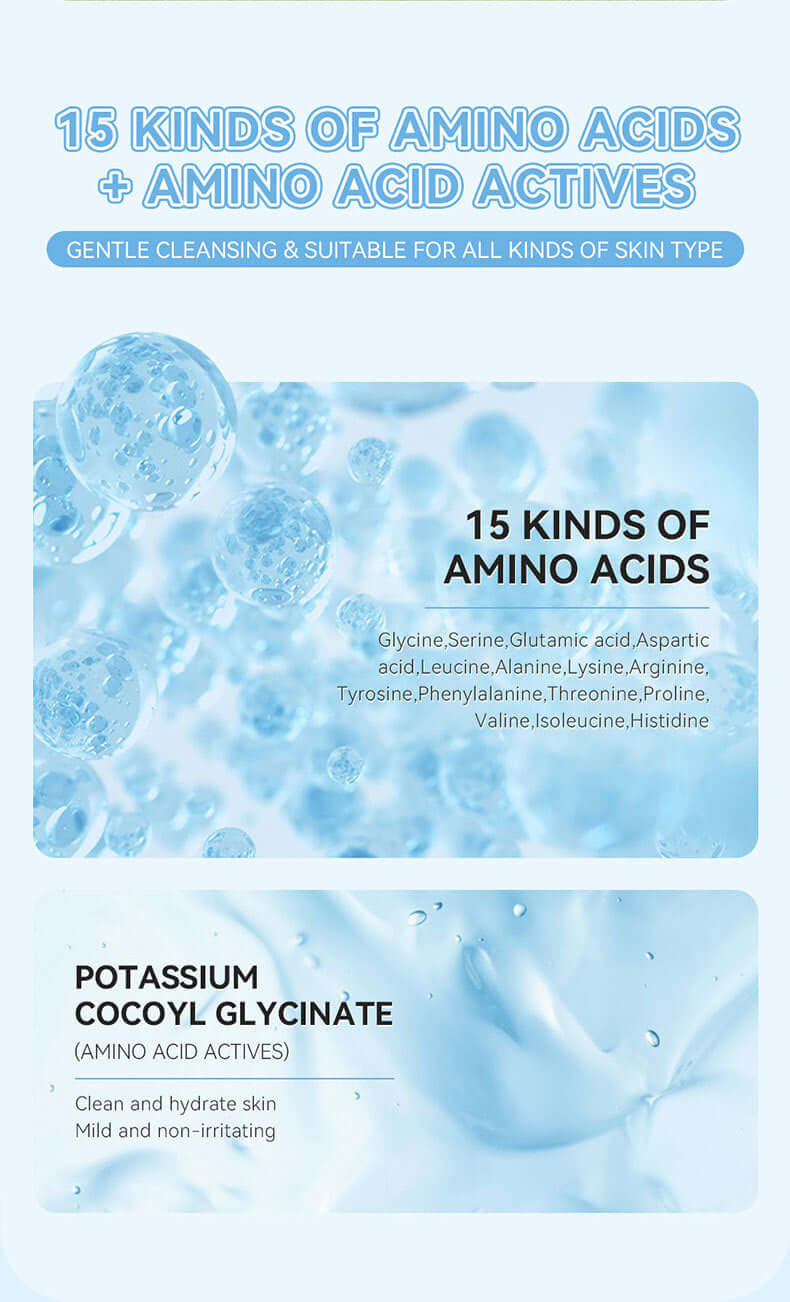 Infographic showcasing 15 amino acids for gentle skin cleansing and hydration for all skin types.