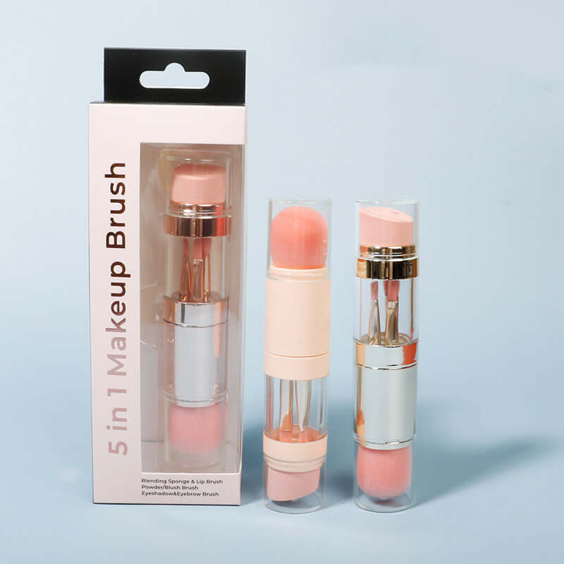 5-in-1 makeup brush set with packaging, featuring blending sponge and lip brush for versatile makeup application.