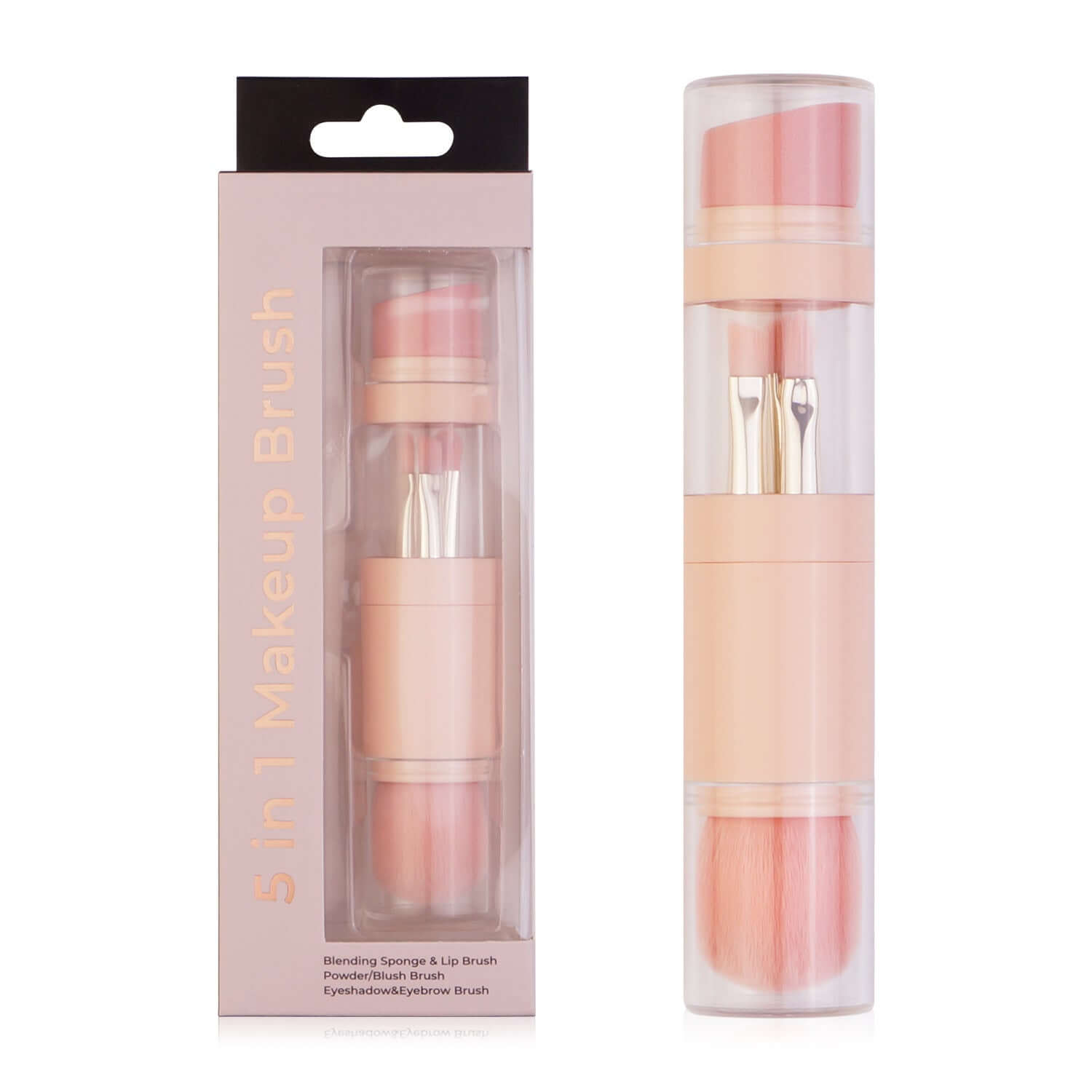 5-in-1 multifunctional makeup brush set with blending sponge, lip, eyebrow, and eyeshadow brushes in portable case.