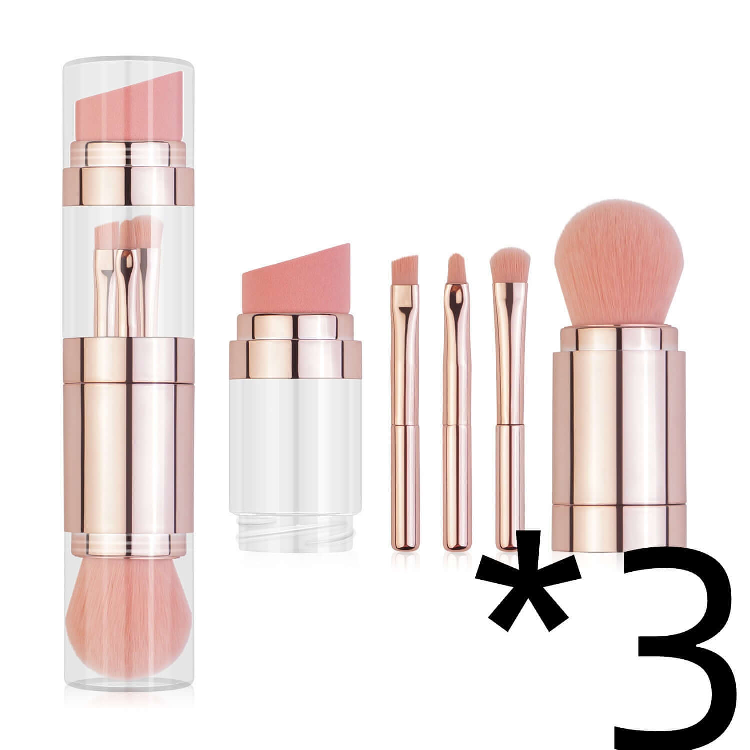 5-in-1 multifunctional makeup brushes with a storage case, including foundation, eyebrow, and eyeshadow brushes.