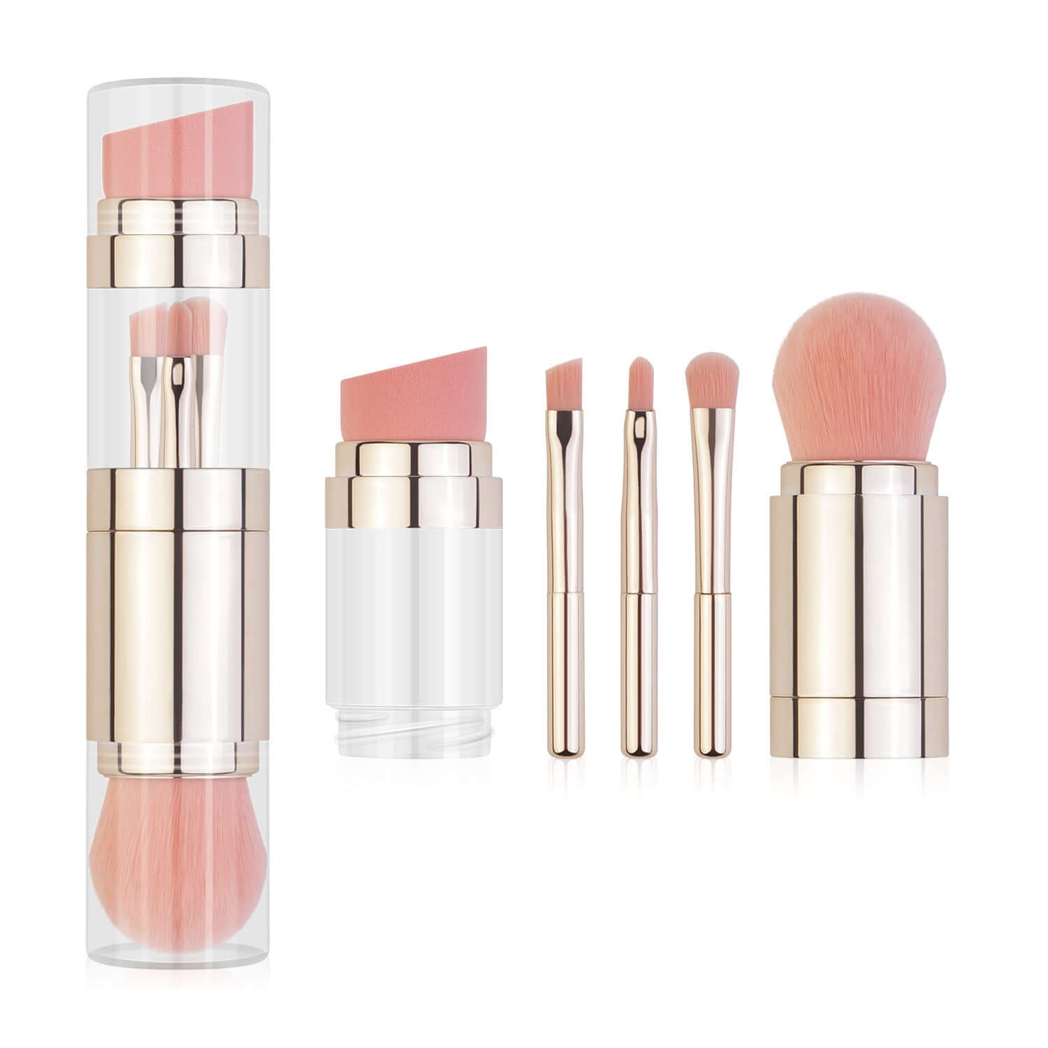 5-in-1 makeup brush set featuring foundation, eyebrow, lip, eyeshadow brushes with a cleaning bowl, in a chic portable design.