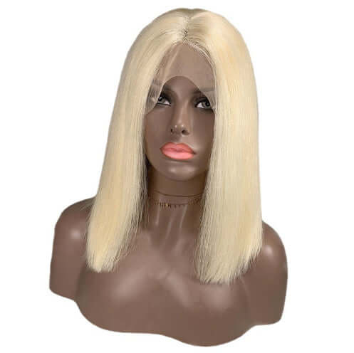 613 blonde bob wig, short straight human hair wig for women, displayed on a mannequin.