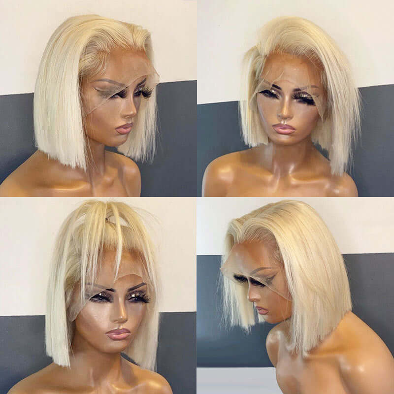 613 blonde bob wig displayed from multiple angles on a mannequin, showcasing straight human hair texture and stylish cut.