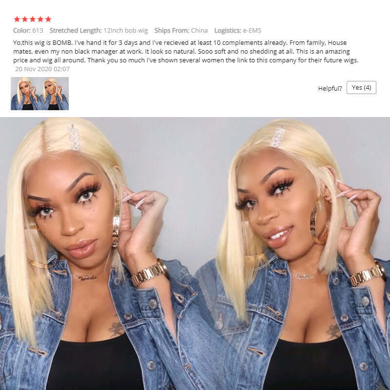613 blonde bob wig styled on a woman, showcasing a natural look with straight hair and a denim jacket.