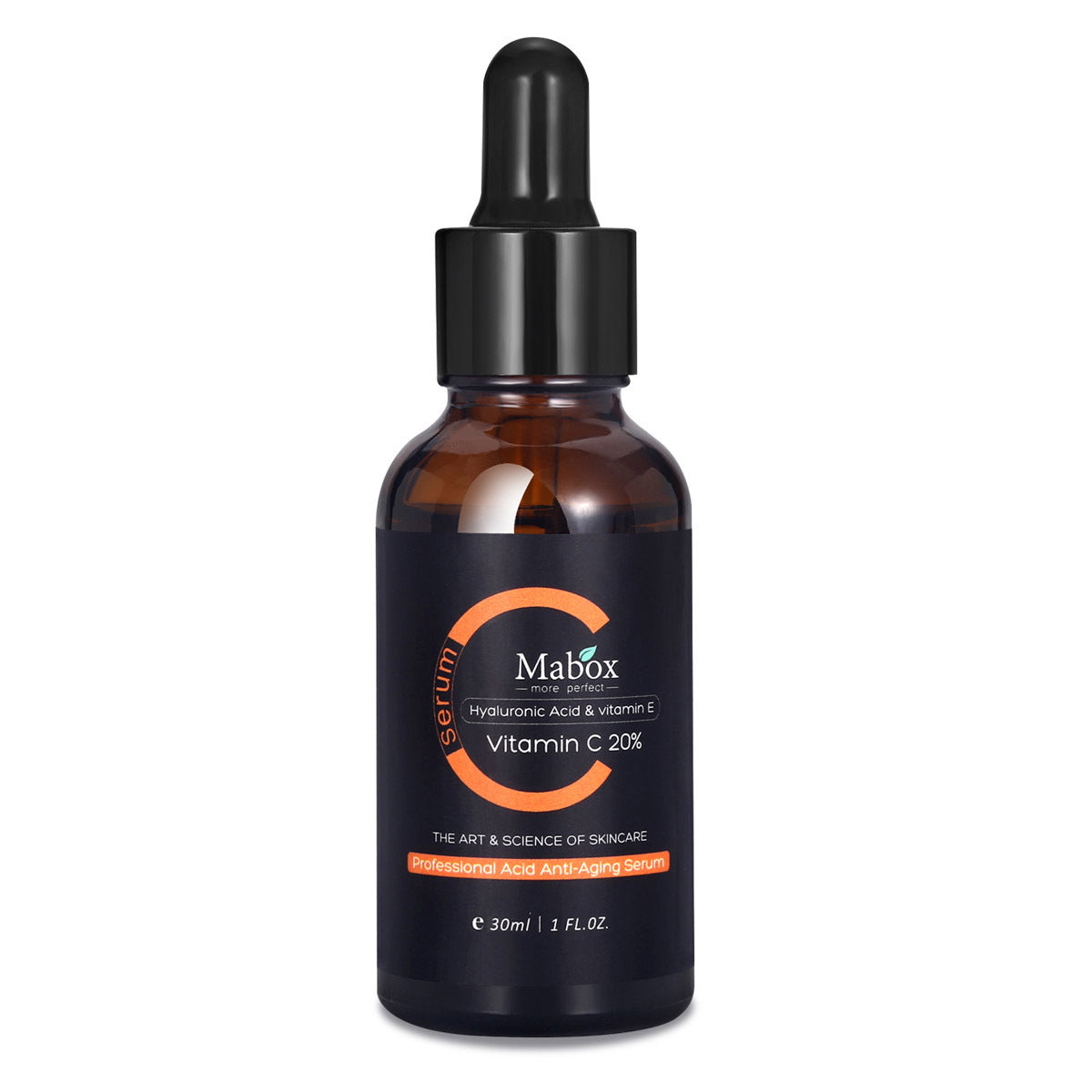 MABOX skincare oil in a dropper bottle, featuring Hyaluronic Acid and Vitamin E, 30ml Ant-Aging Serum.