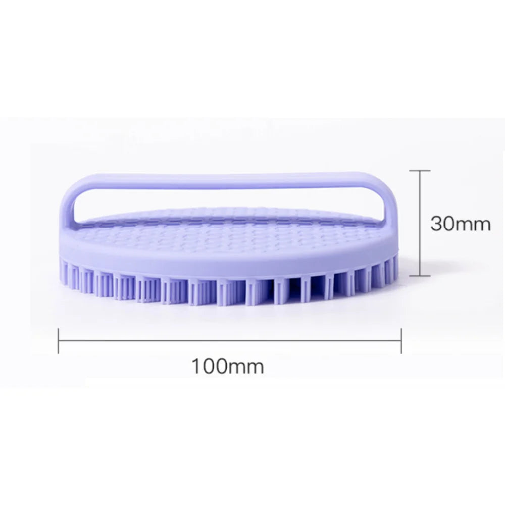 Silicone body cleansing brush in lavender color, measuring 100mm in diameter and 30mm in height for effective shower exfoliation.