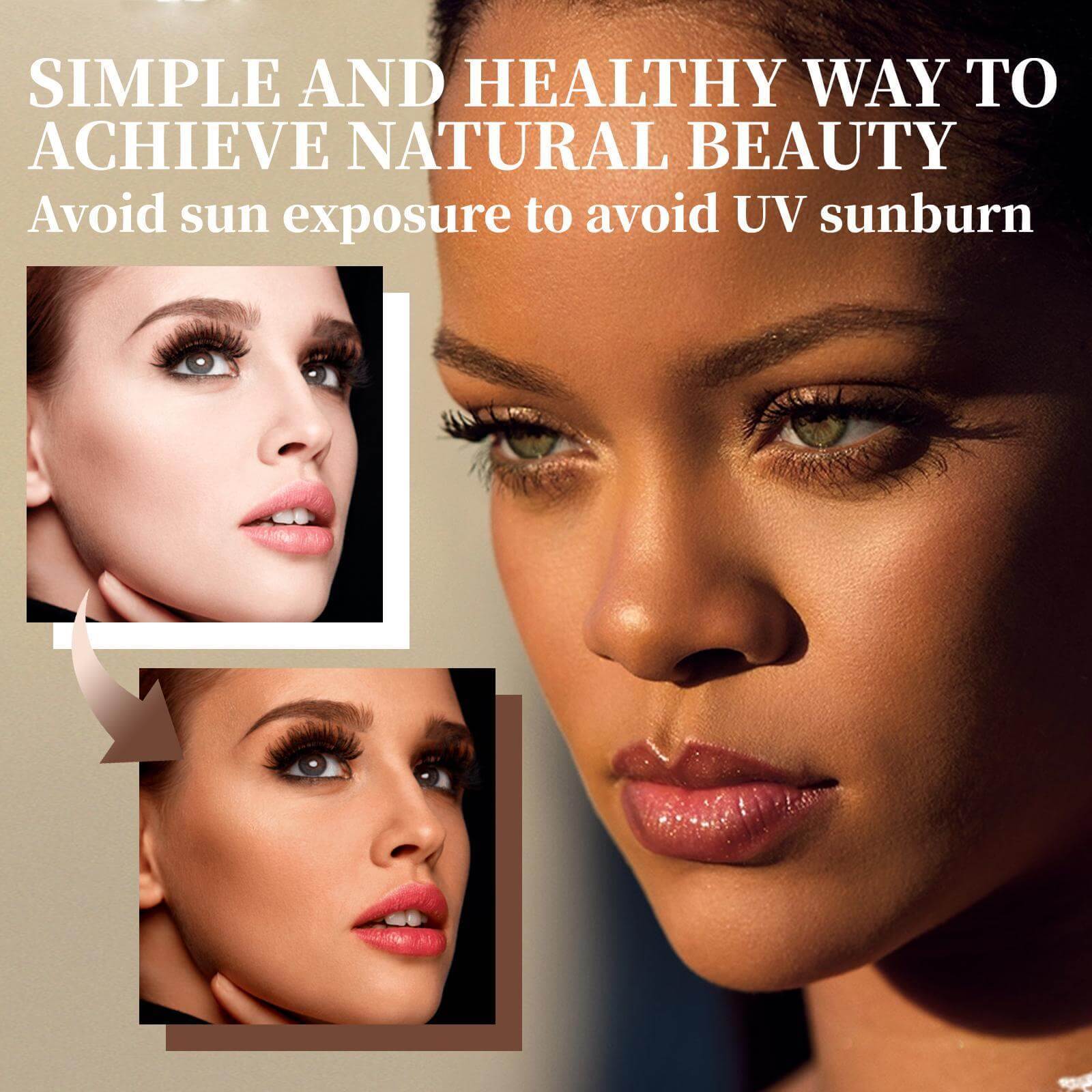 Model showcasing natural beauty principles with emphasis on avoiding UV sunburn for healthy skin.