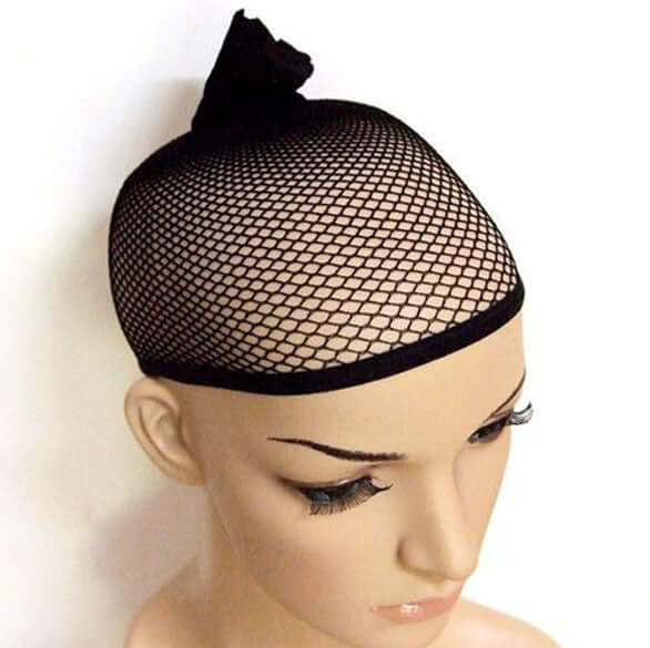Black wig cap with fishnet design, adjustable size, perfect for securing wigs comfortably.