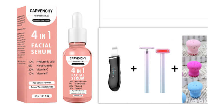 Carvenchy 4 In 1 Facial Serum packaging and bottle alongside skincare tools for age defense and reducing wrinkles.