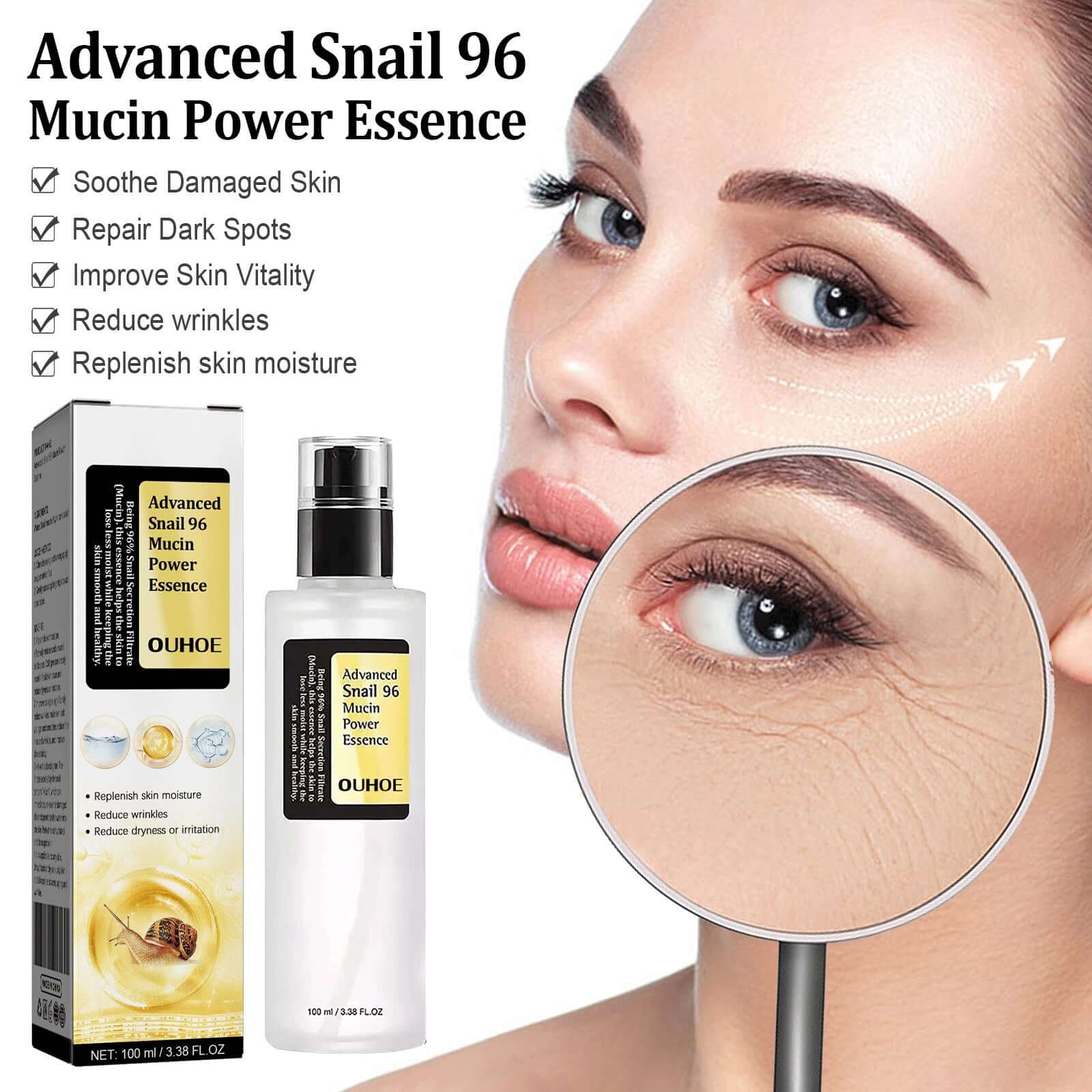 Advanced Snail 96 Mucin Power Essence, a serum promoting skin repair, moisture, and wrinkle reduction in a sleek bottle.