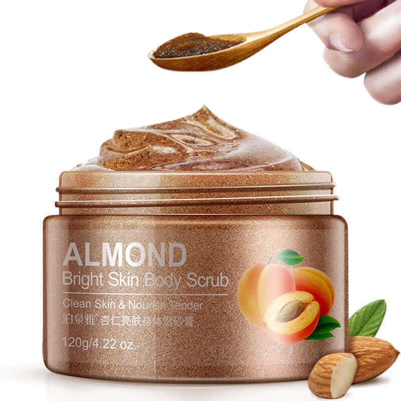 Almond Bright Skin Body Scrub in jar, 120g, nourishing exfoliant for soft and radiant skin with almond extract.