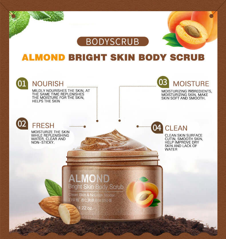 Almond Bright Skin Body Scrub, 120g jar showcasing nourishing skincare benefits and moisturizing ingredients for fresh skin.