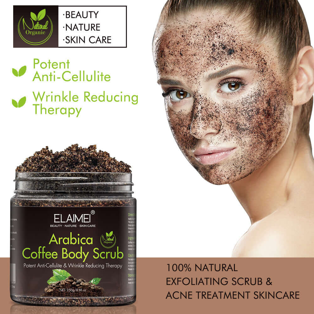 Arabica coffee body scrub in jar, promoting anti-cellulite and wrinkle reducing benefits for skincare.