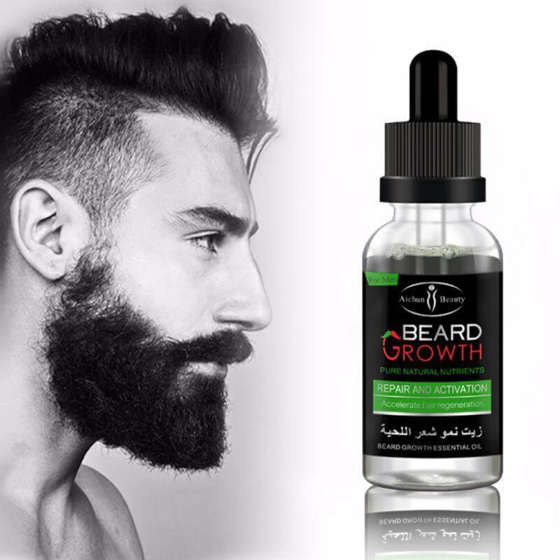 Beard essential oil in a dropper bottle beside a man with a well-groomed beard, promoting hair growth and repair.