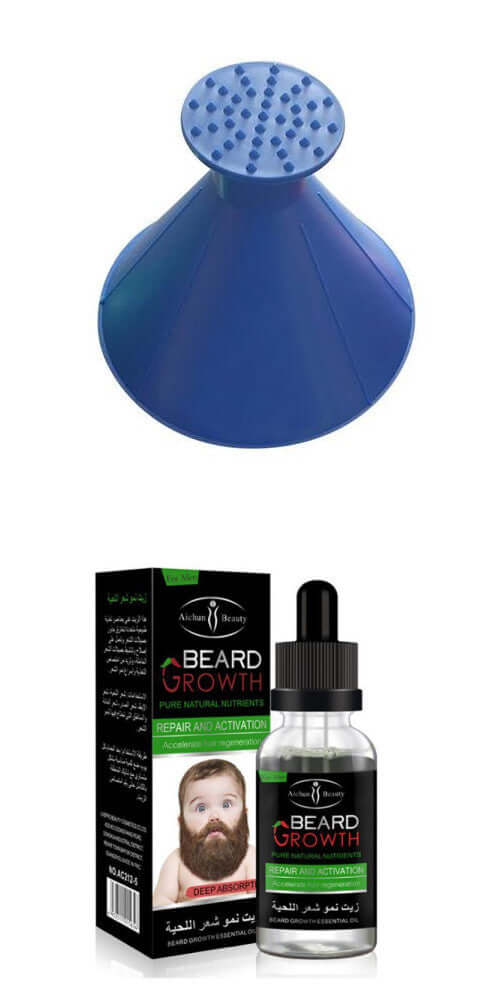 Beard growth essential oil and application funnel for nourishing beard care and maintenance.