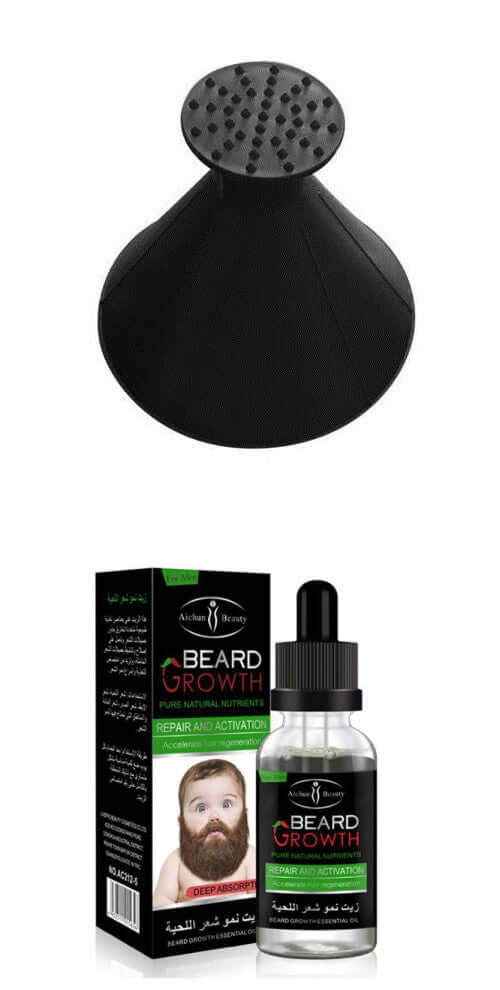 Beard growth essential oil bottle and application nozzle for nourishing and softening beard care.