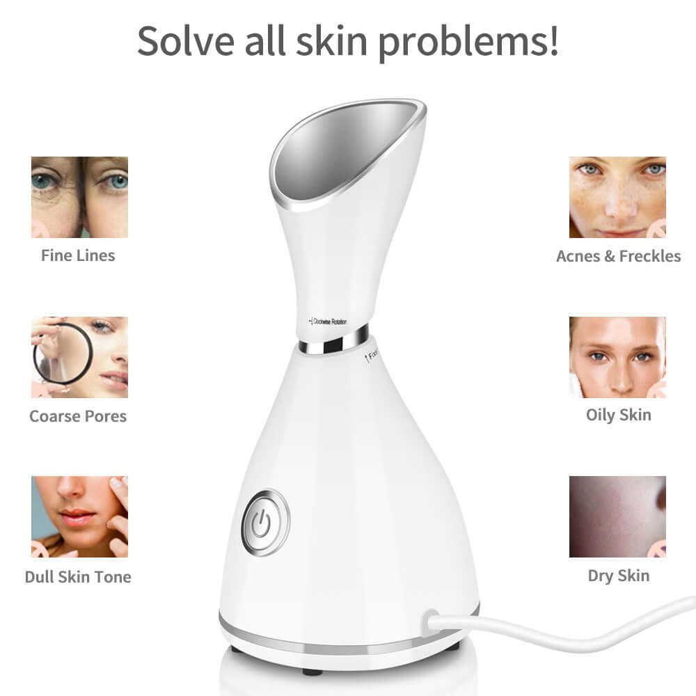 Beauty steamer facial moisturizer, combats fine lines, acnes, coarse pores, oily skin, and dry skin problems.